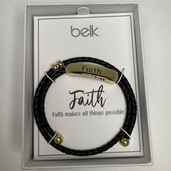 Belk Jewelry - Belk FAITH Metal Bar Double Wrap Braided Black Leather Adjustable Bracelet New